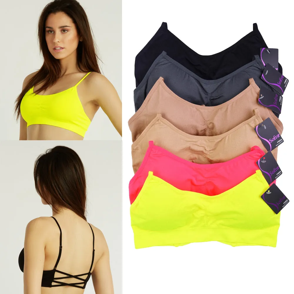 6 Pc Womens Sports Bra Tank Style Light Padded Cup Shirred Front Active Wear Gym