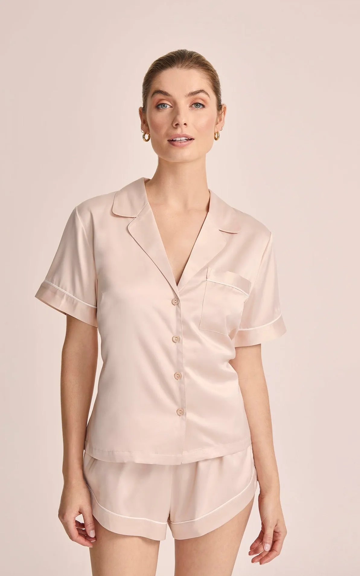 Grace Short Pyjama Set - Blush with White Piping