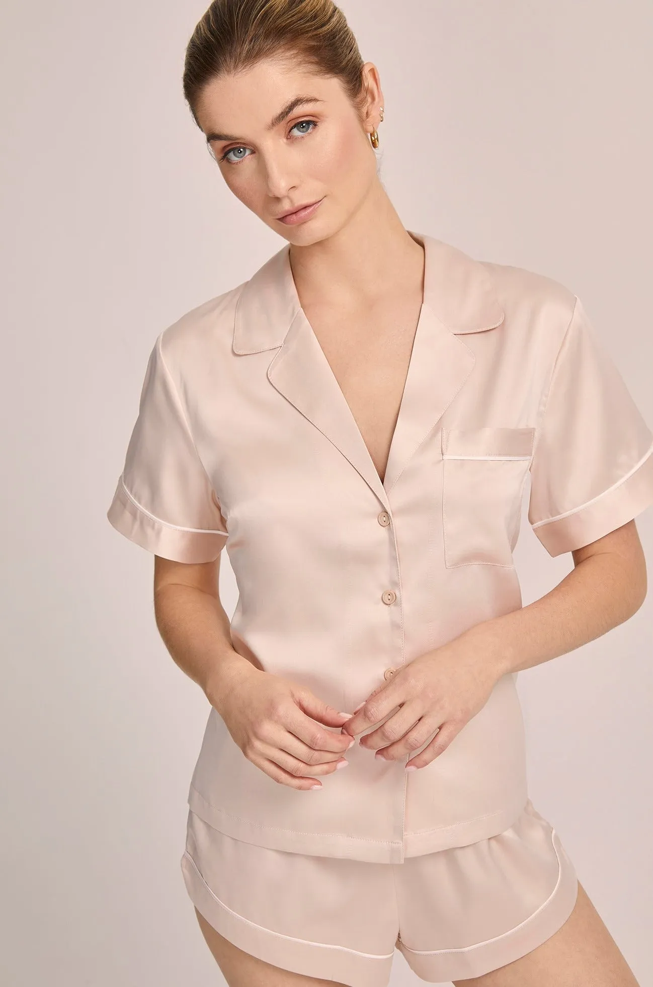 Grace Short Pyjama Set - Blush with White Piping