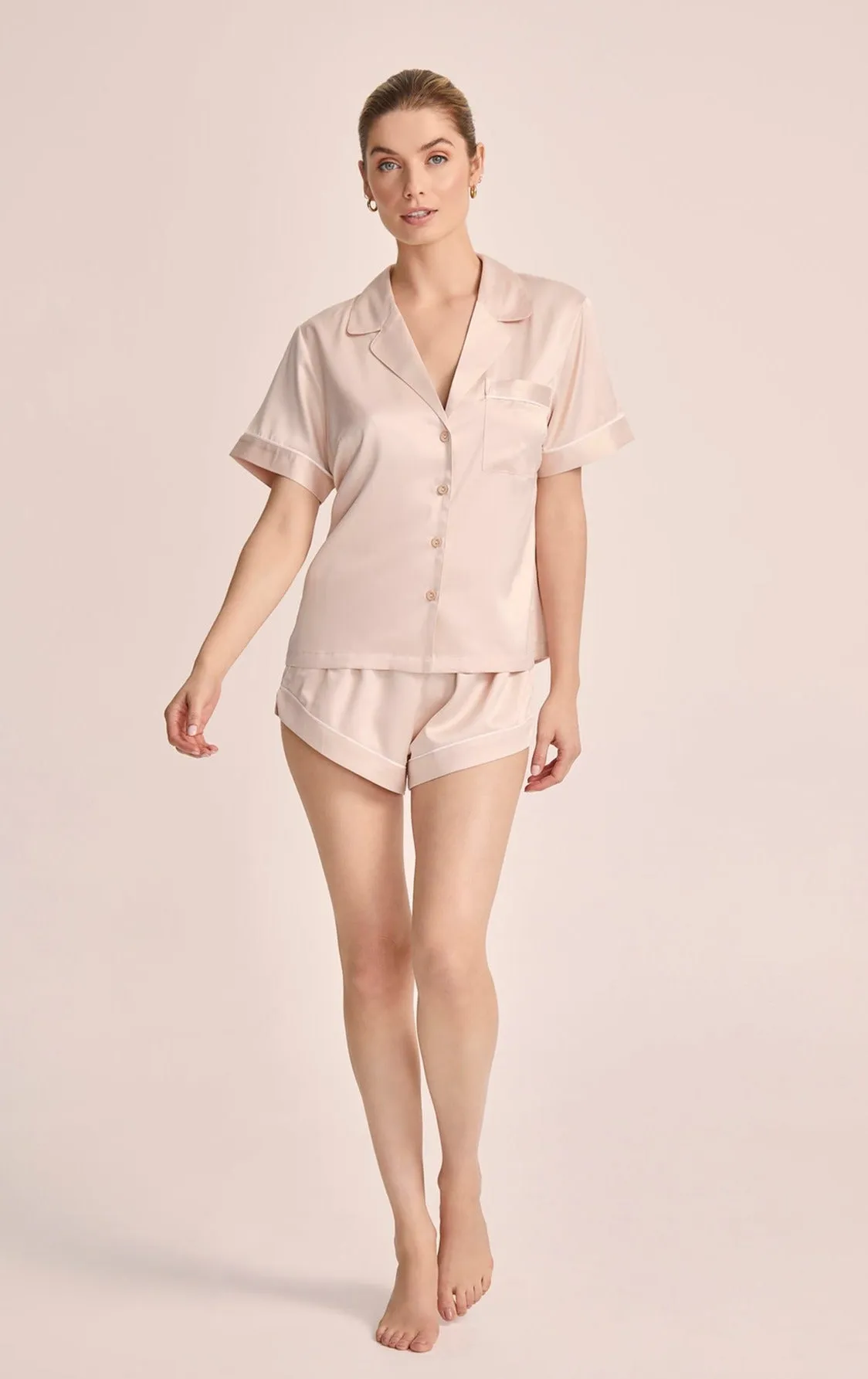 Grace Short Pyjama Set - Blush with White Piping