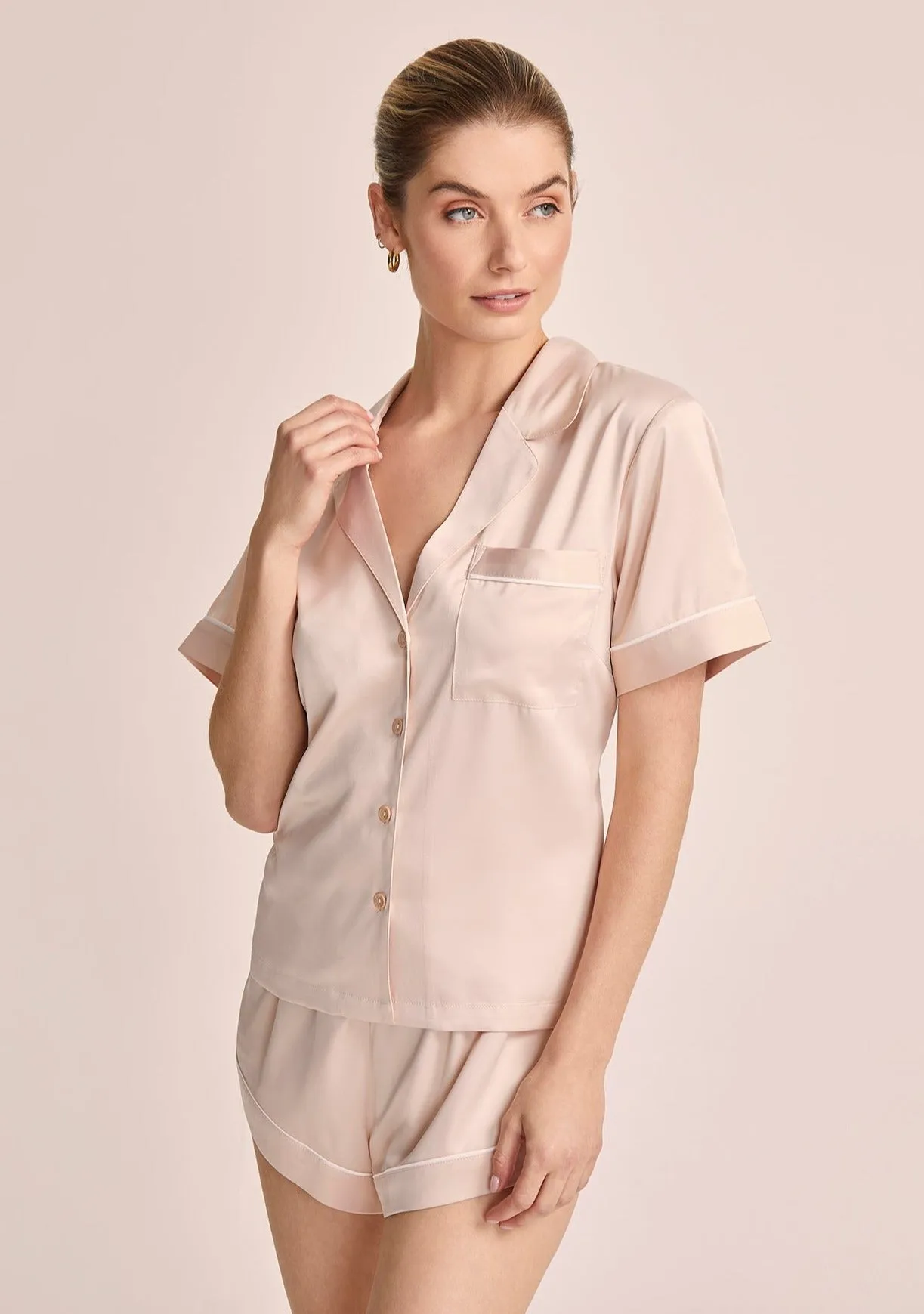 Grace Short Pyjama Set - Blush with White Piping