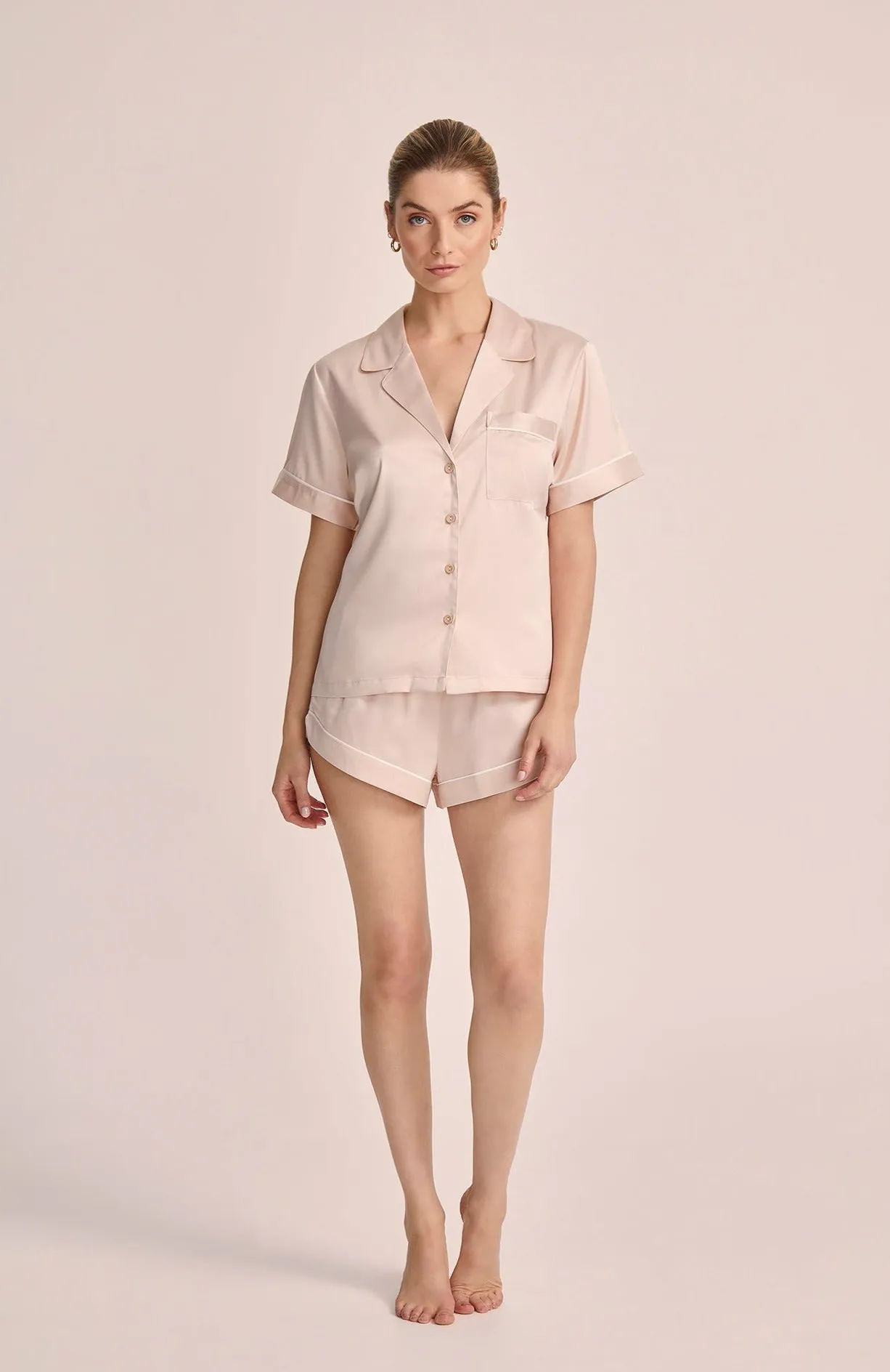 Grace Short Pyjama Set - Blush with White Piping