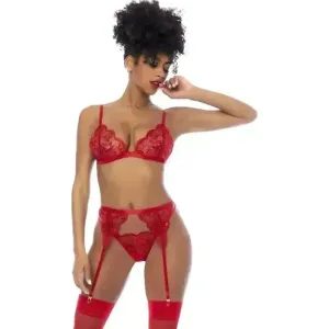 Red 3 Pc Set w/ Bralette, Garter Belt and Thong