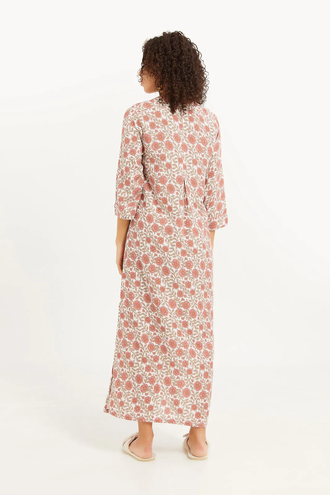 Women Cream Printed Kaftan Nightgown