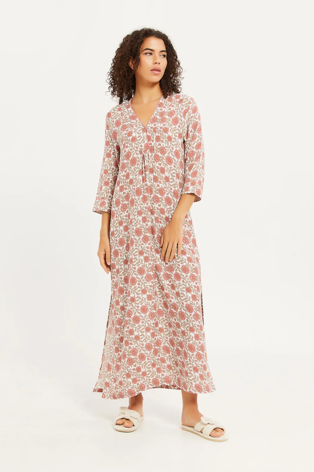 Women Cream Printed Kaftan Nightgown