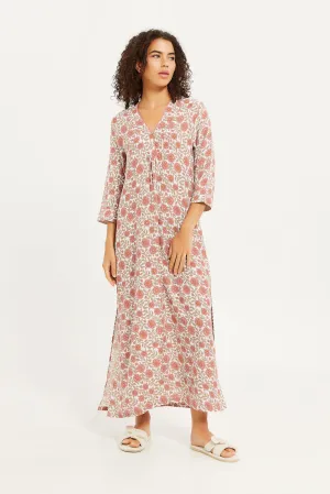 Women Cream Printed Kaftan Nightgown
